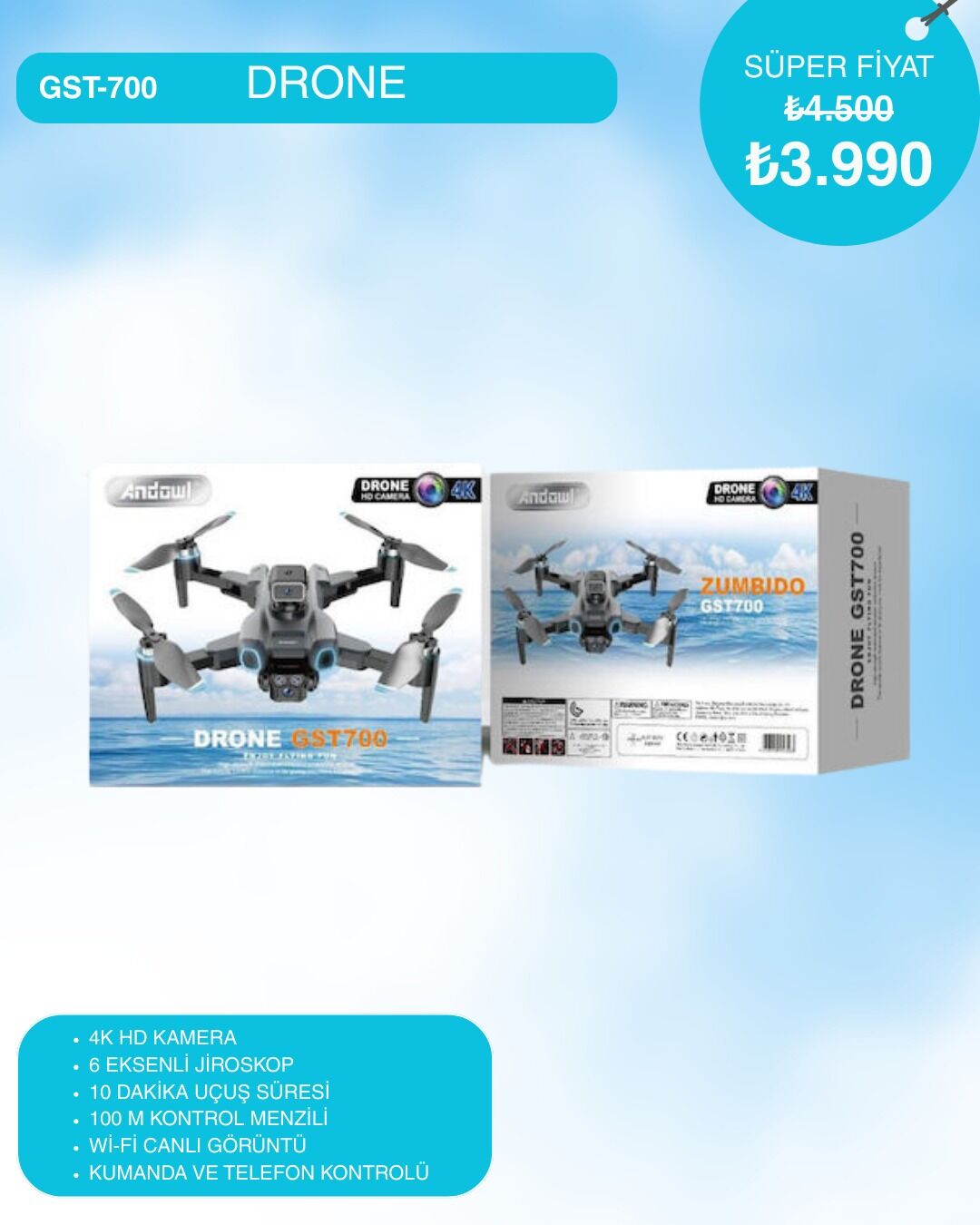 Andowl GST-700 Drone 4K Kamera ve Uzaktan Kumandalı