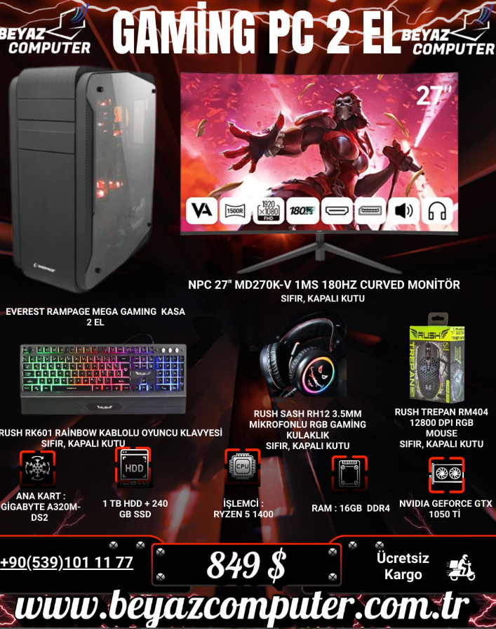 R5 1400 -16 RAM- 1 TB HDD+240 GB ssd  Nvidia Geforce  GTX1050 Tİ