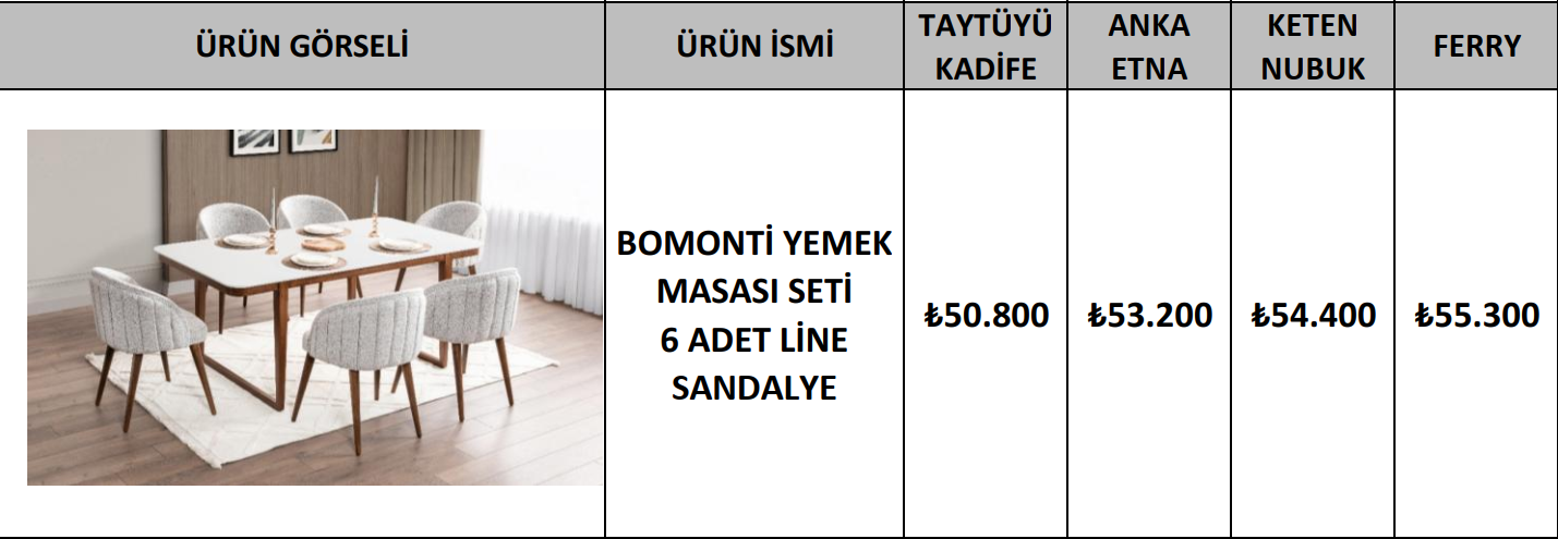 BOMONTİ YEMEK MASASI SETİ 6 ADET LİNE SANDALYE
