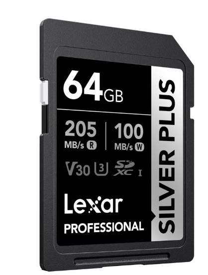 LEXAR 64GB PROFESSIONAL SILVER PLUS SDXC UHS-I CARDS UP TO 205MB/S READ 100MB/S WR