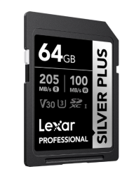 LEXAR 64GB PROFESSIONAL SILVER PLUS SDXC UHS-I CARDS UP TO 205MB/S READ 100MB/S WR